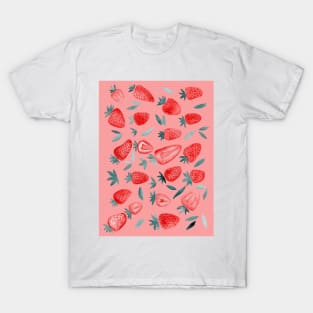 Watercolors strawberries - red and teal on pink T-Shirt